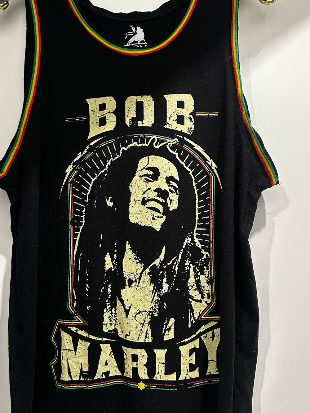 Zion Rootswear Black Tank with Gold Bob Marley Print and Rasta Trim